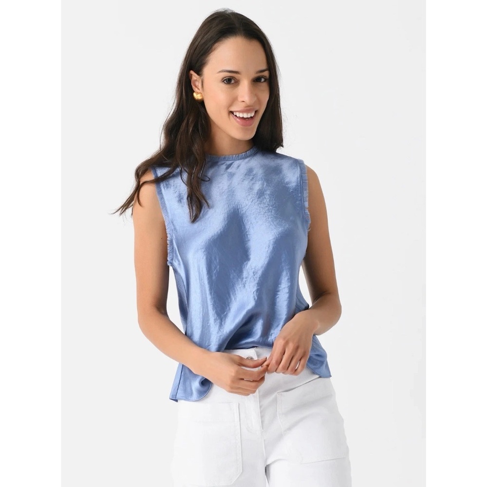 $295 Vince Women's Naia Satin Frayed Edge Sleeveless Shell Tank Blue Zipper XL